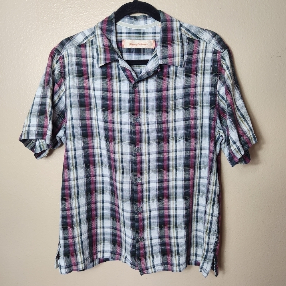 Tommy Bahama Mens 100% Silk Black Plaid Short Sleeve Buttonfront Shirt-Size M